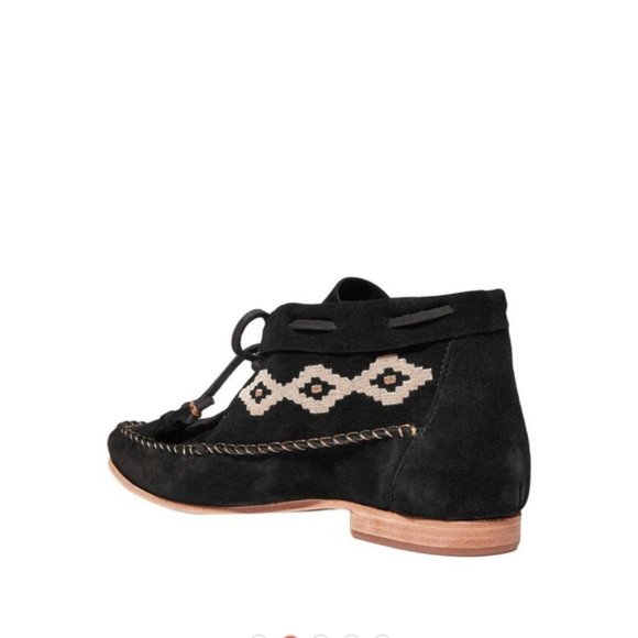 Soludos Black Suede Embroidered Moccasin Tassel Ankle Booties - Picture 2 of 16